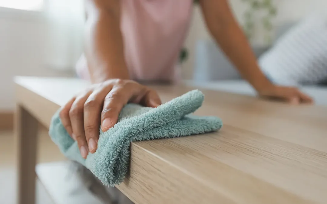 Une femme nettoie une table avec un chiffon microfibre