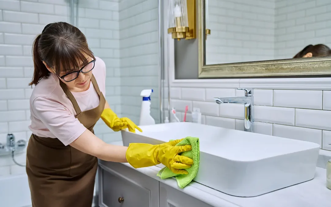 Femme nettoie salle de bain avec un chiffon bambou